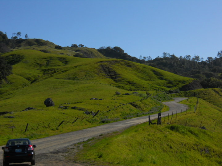 My rental car & a stretch of Santa Rosa Creek Road as it climbs the 2,000 foot high ridge east of Cambria. 